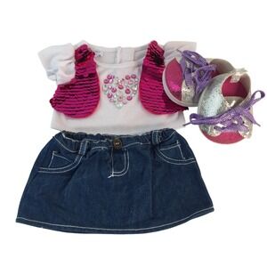 Build A Bear‎ Clothes White Pink Sequin Heart Shirt Denim Skirt Sneakers Outfit
